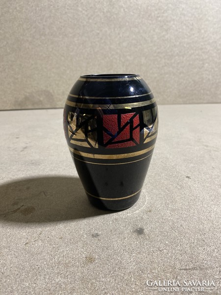 Rare, beautiful, black glass vase decorated with gold for sale, 14 x 9 cm. 3092