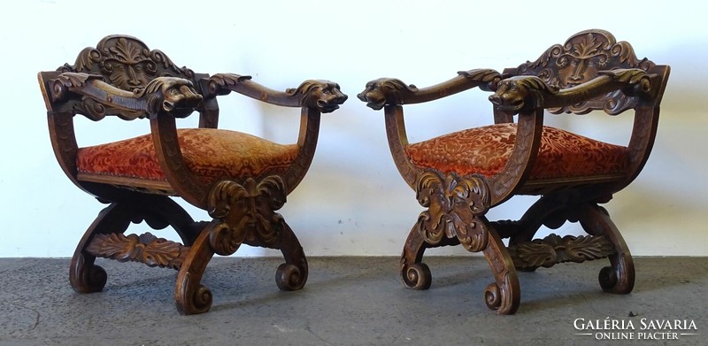1Q581 Antik reneszánsz faragott velencei szék faunfej díszes trónszék pár