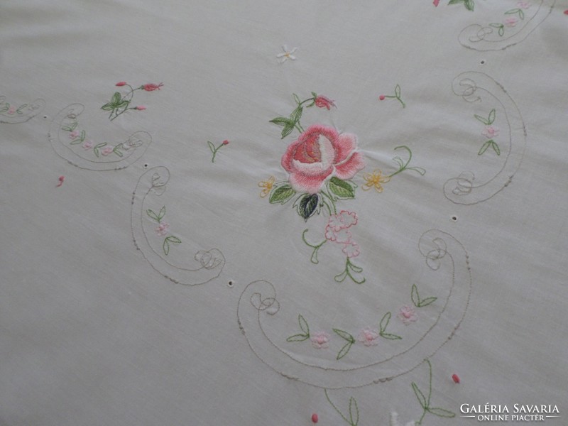 Pale cream embroidered pink large cotton tablecloth.