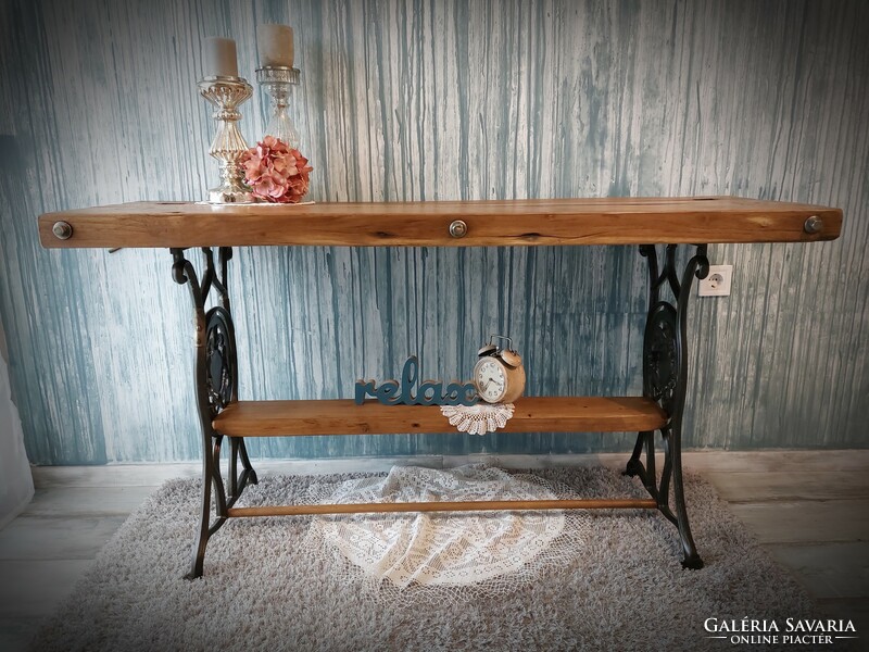 Console table with sewing machine foot, table, singer