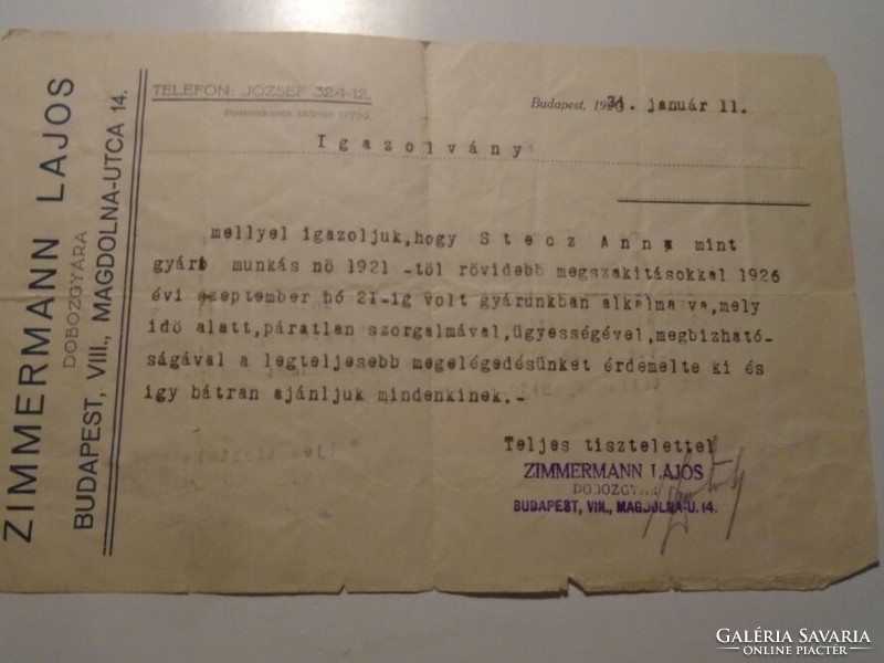 ZA492.7- Kubala László anyjának Stecz Anna ajánlólevele 1931 Zimmermann Lajos dobozgyára Budapest