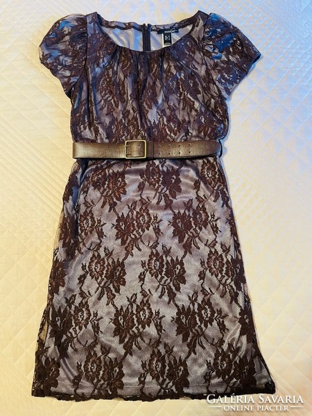 Mango silver gray-brown lace dress with belt
