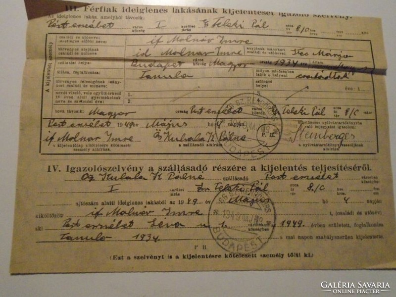 Za490.50 - One of the documents of László Kubala's mother 1949 Budapest - Pálné Kubala - Pesterzsébet