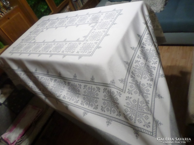 White gray cross stitch pattern large tablecloth.