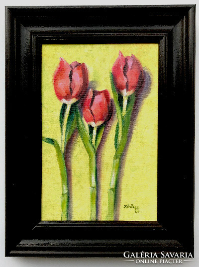 Three bunches of tulips - framed oil painting - 30 x 20 cm
