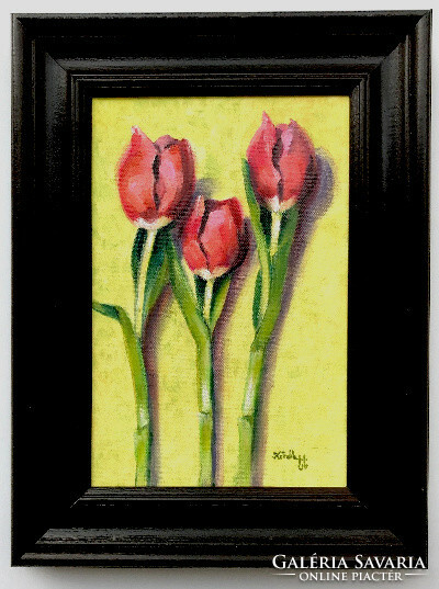 Három szál tulipán - keretezett olajfestmény - 30 x 20 cm