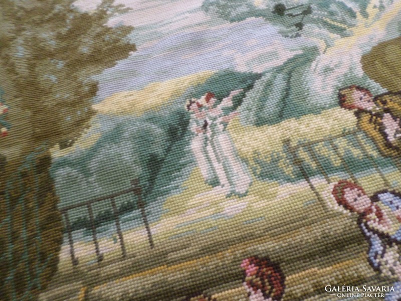 Gyönyörű teljes egészében aprólékos kézimunkával hímzett barokk jelenetes gobelin kép.