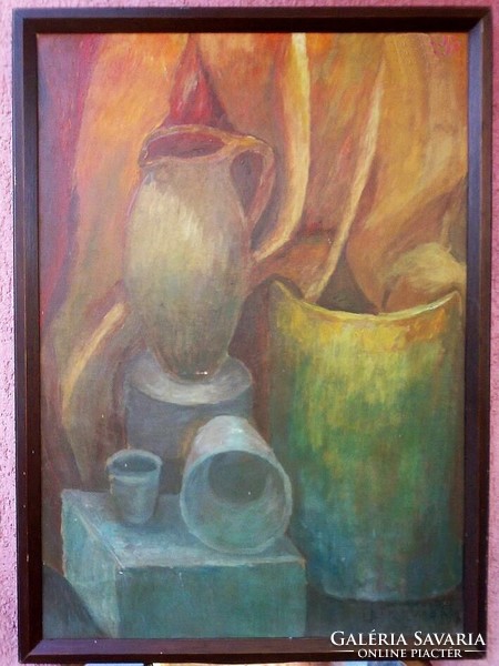 Modern painting with terracotta objects. Pastel harmony, signed