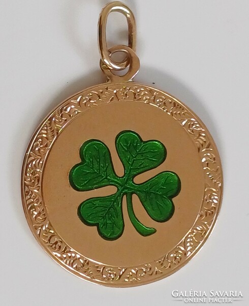 Antique gold pendant green clover Austria