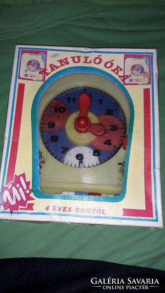 Old 80s plastic toy learning clock with box, made in Hungary, according to the pictures