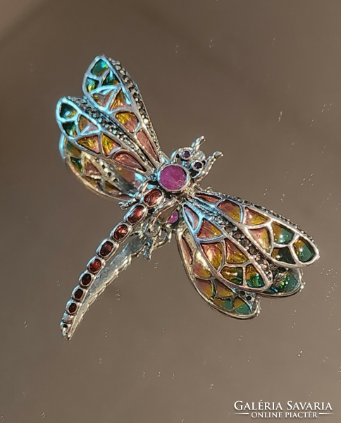 Dragonfly pendant/brooch, large, ruby, marcasite sterling silver 925 - new handcrafted jewelry!