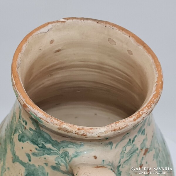 Folk ceramic milk jug with light green glaze spots and white glaze (2965)