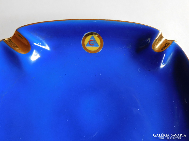 Hollóháza retro royal blue ashtray with company logo