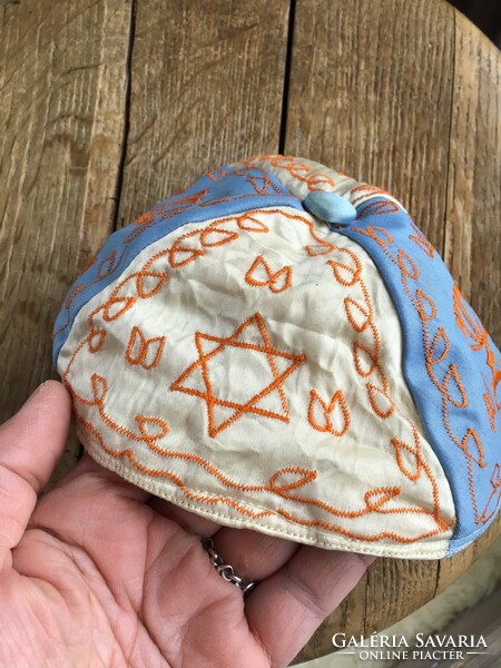 Old satin kippah with embroidered Judaica pattern