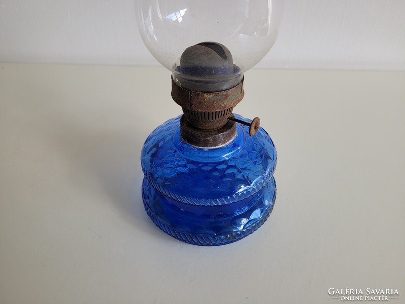 Régi vintage kék üvegtartályos nagy méretű petróleum lámpa éjjeli lámpa dekoráció