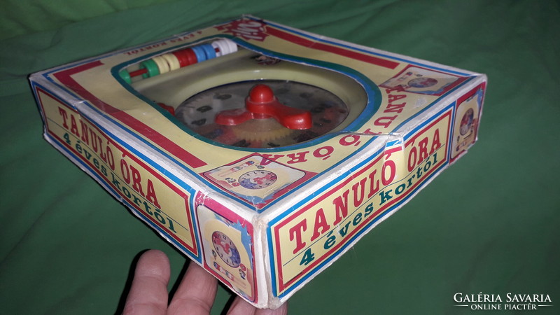Old 80s plastic toy learning clock with box, made in Hungary, according to the pictures