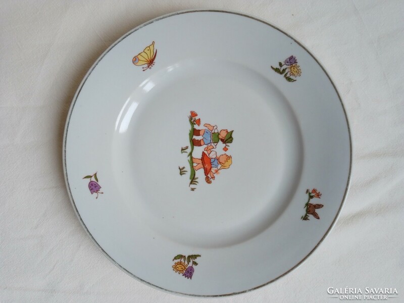 Antique Zsolnay porcelain children's plate with fairy tale figure pattern, bowl, jancsi and juliska