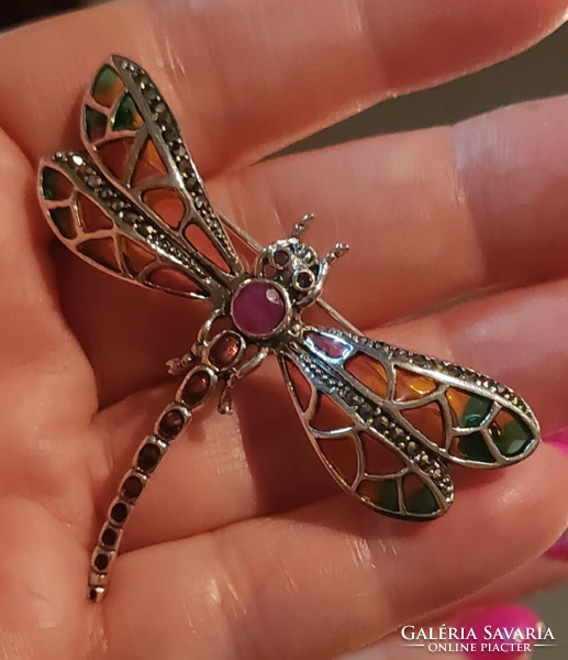 Dragonfly pendant/brooch, large, ruby, marcasite sterling silver 925 - new handcrafted jewelry!