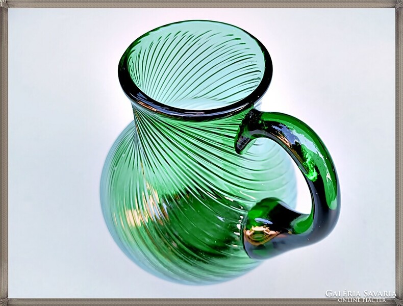 Antique, blown-torn, rare, green glass jug, pitcher
