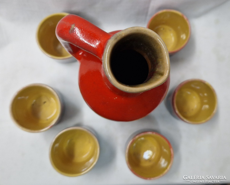 Retro applied art orange-black glazed ceramic pourer with six cups for sale in perfect condition
