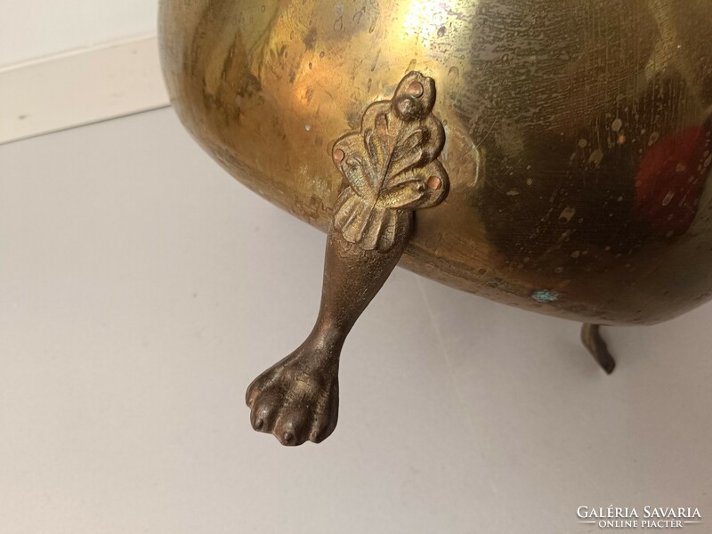 Antique kitchen brass cauldron, 3-legged copper pot, cauldron with iron handle 237 8435