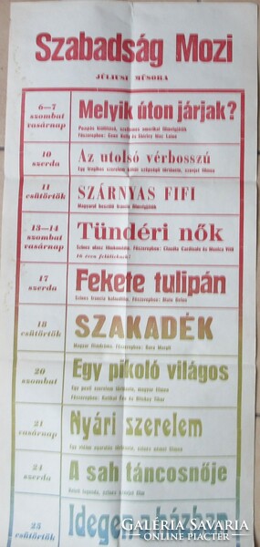 Szabadság cinema program card 1968, 29.5 X 84 cm.