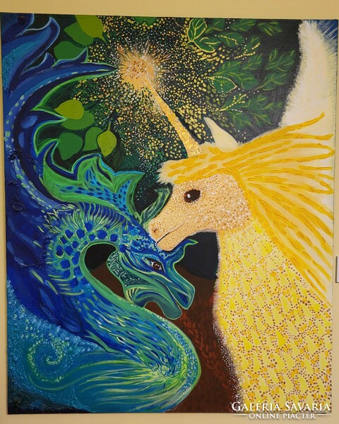 Breakthrough - the dragon and the unicorn - acrylic painting on canvas by South Moravian artist Markéta Círová