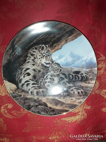 English wall porcelain decorative plate with snow leopards - in display case