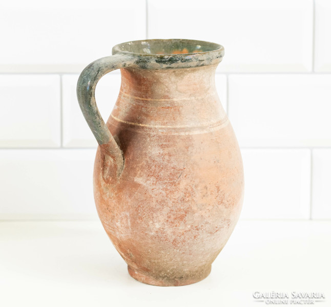 Old ceramic jug with white stripes, green rim glaze - jug, pitcher, cudgel, folk art