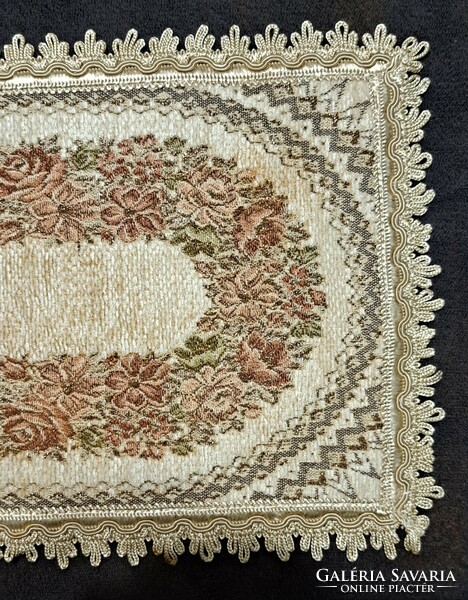 Old velvet tapestry tablecloth in display case (l4493)