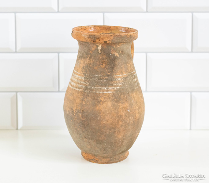 Old ceramic silke with white stripes -l jug, jug, cudgel, folk art