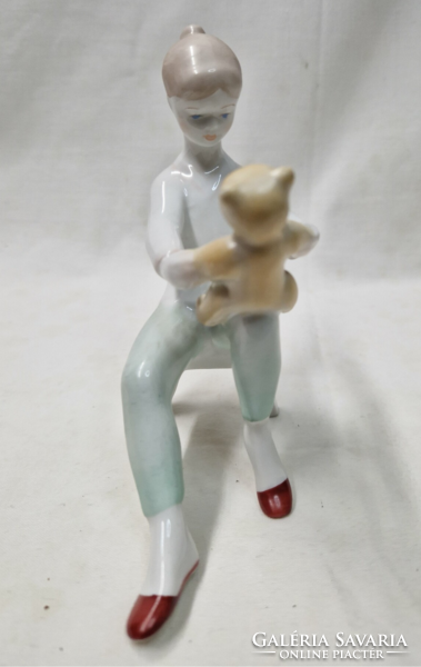 Budapest aquincum girl with teddy bear porcelain figurine in perfect condition 13 cm.