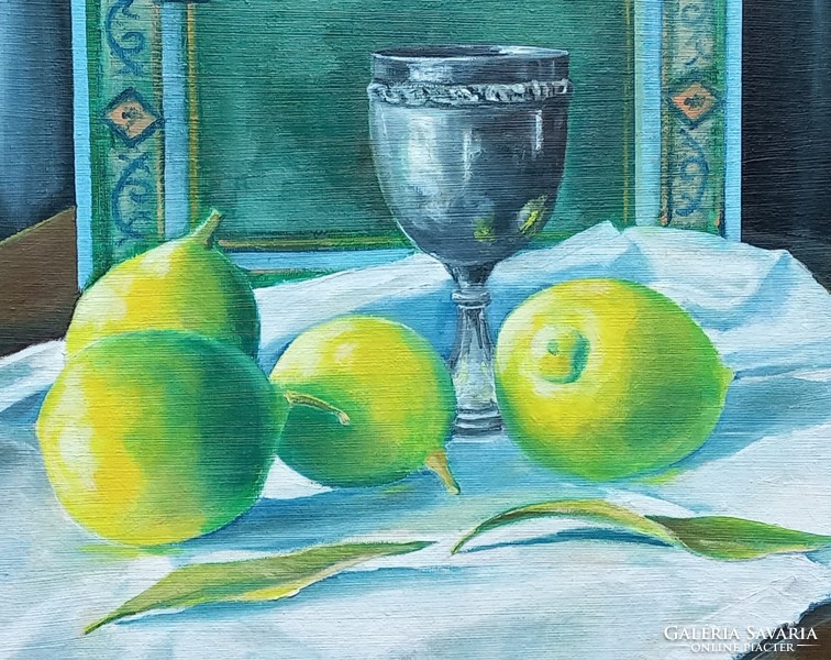Csendélet ezüst pohárral és citromokkal - Olajfestmény