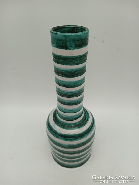 Dybisewszky iparművészeti kerámia váza, (kézigránát alakú), zöld csíkos, 23 cm