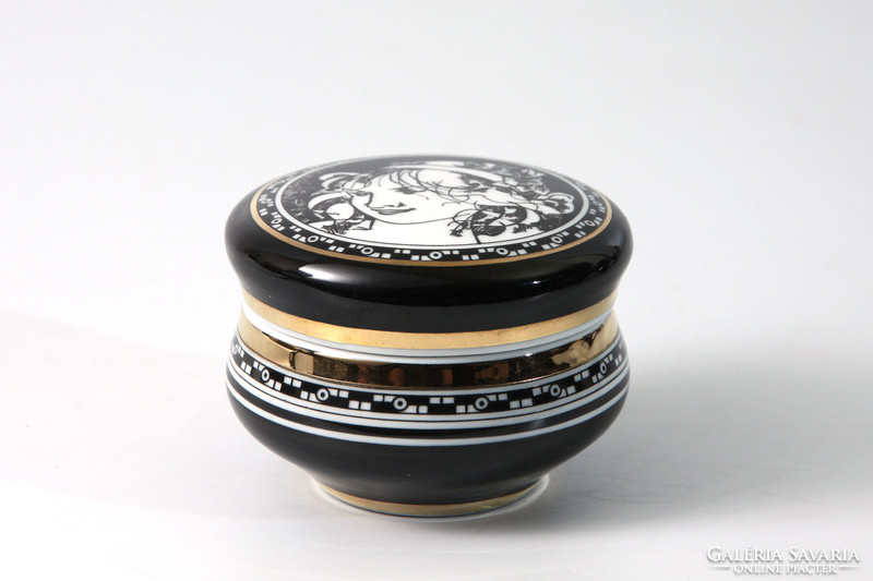 Hollóházi round bonbonier 7x5cm jurcsák lászló | black white gold saxon endre