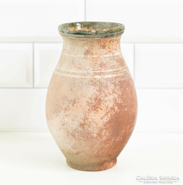 Old ceramic jug with white stripes, green rim glaze - jug, pitcher, cudgel, folk art