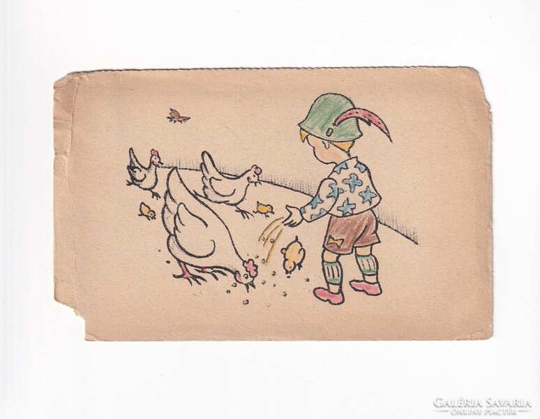 H:38 2 db kézzel rajzolt antik Üdvözlő képeslap 1920-45