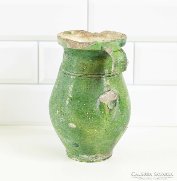 Old ceramic silke with green glaze - damaged jar, pitcher, jug, folk art