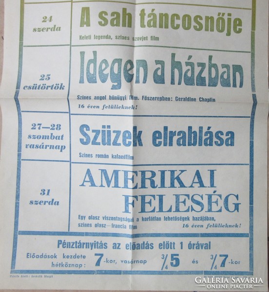 Szabadság cinema program card 1968, 29.5 X 84 cm.