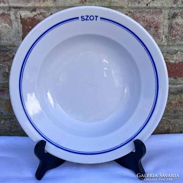 Zsolnay kék csíkos SZOT feliratos porcelán mélytányér 23.5 cm - vállalati porcelán