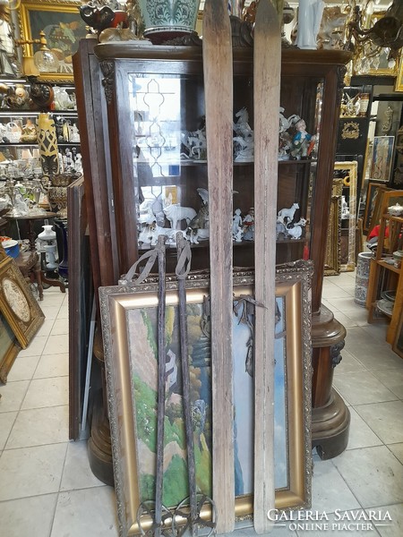 Old wooden frame with authentic skis and ski poles. 190 Cm.