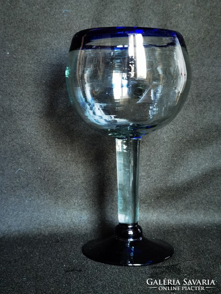 Special Mexican handcrafted stemmed glasses with cobalt blue rim and base