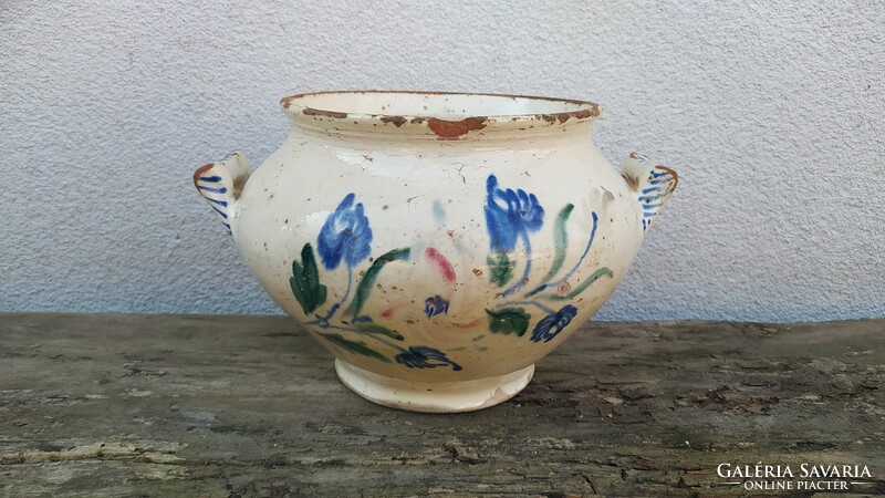 Folk ceramic earthenware soup bowl
