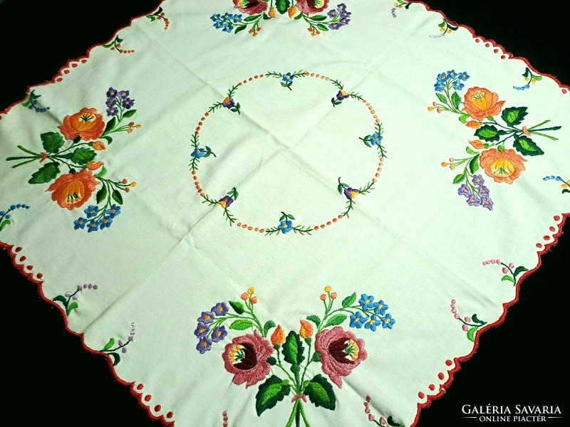 Table cloth embroidered with Kalocsa flower pattern, 74 x 71 cm pale yellow base