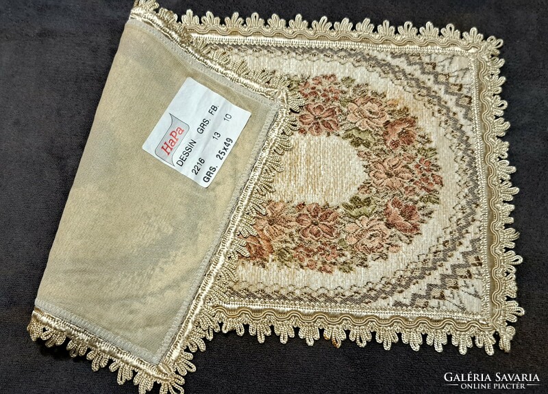 Old velvet tapestry tablecloth in display case (l4493)