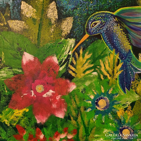 Kolibri - Círová Markéta dél-morva festőművész akrilképe, 70x70cm-es vásznon