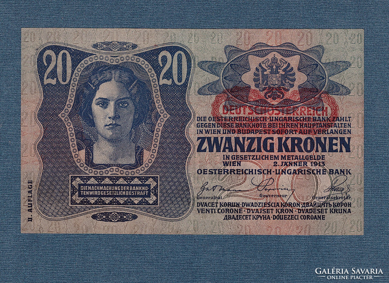 20 Korona 1913 II. kiadás Deutschösterreich bélyegzés  aUNC