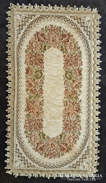 Old velvet tapestry tablecloth in display case (l4493)