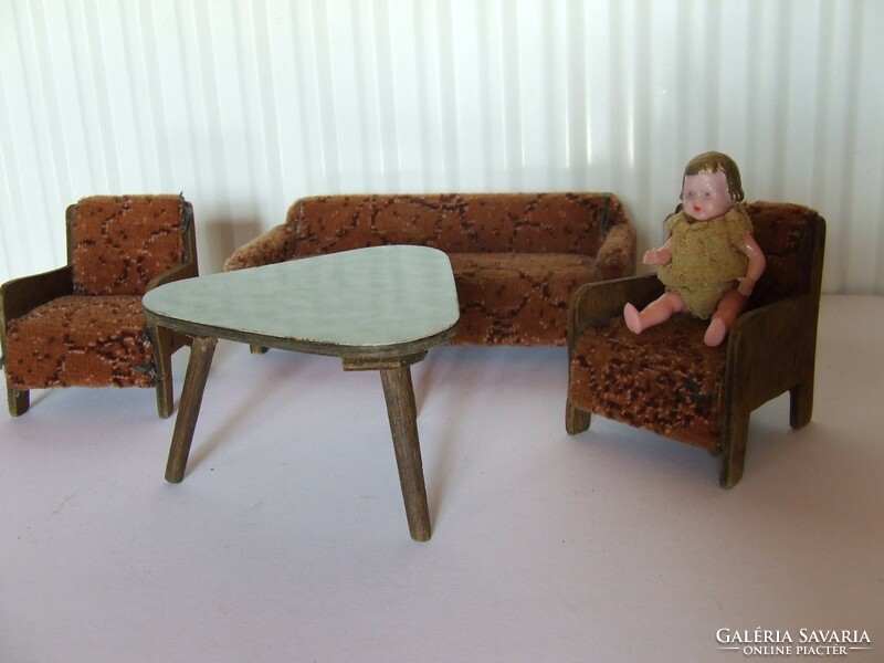 Old retro wooden doll furniture, toy doll furniture set in dollhouse size