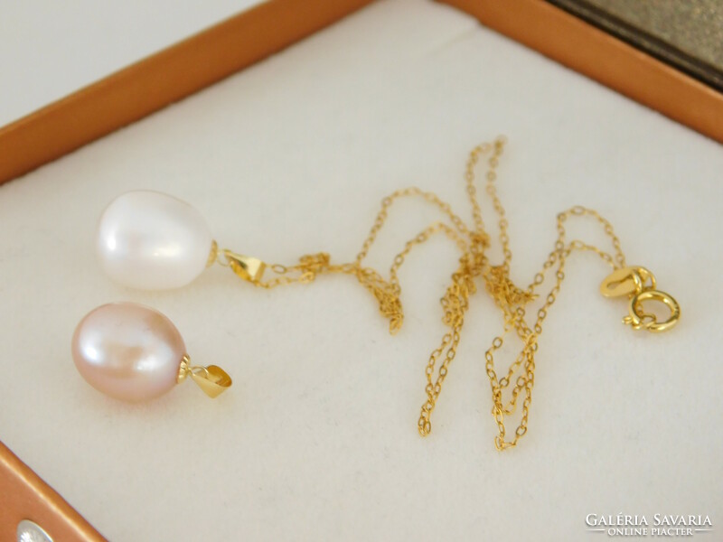 2 pearls 18k gold pendant + gift silver necklace with large 10-11 mm pearls